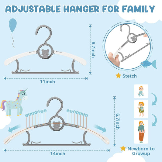 50 Pack Baby Hangers for Nursery Closet, Adjustable Non-Slip Kids Hangers with Windproof Buckle, 11-14" V1258-DP02-C-2634