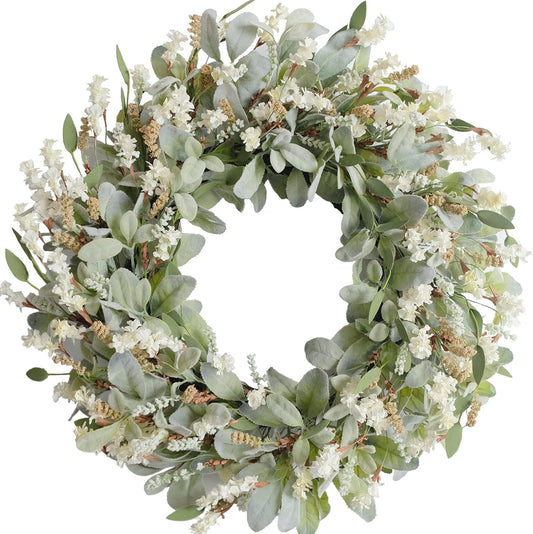 24 Inch Summer Spring Ivory Flowers Wreath for Front Door, Everyday Lamb Ears Leaves Wreath with White V1258-DP02-C-2642