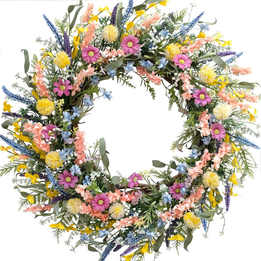 26 Inch Spring Summer Colorful Flower Wreath for Front Door, Forsythia Lavender Wild Flowers Wreath for Home V1258-DP02-C-2645