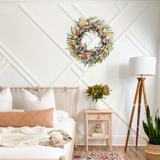 26 Inch Spring Summer Colorful Flower Wreath for Front Door, Forsythia Lavender Wild Flowers Wreath for Home V1258-DP02-C-2645