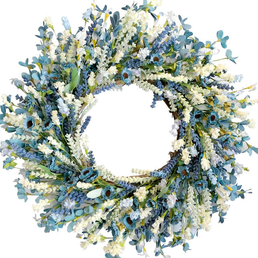 26 Inch Summer Spring Blue Ivory Lavender Flower Wreath for Front Door, Rustic and Farmhouse Wild Flowers V1258-DP02-C-2646