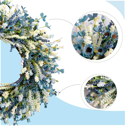 26 Inch Summer Spring Blue Ivory Lavender Flower Wreath for Front Door, Rustic and Farmhouse Wild Flowers V1258-DP02-C-2646