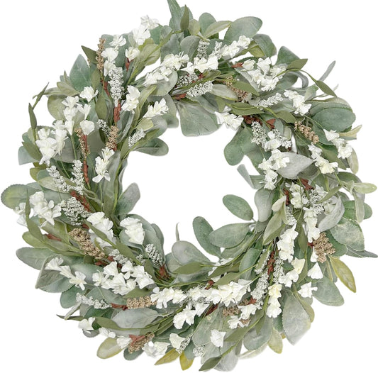 22 Inch Spring Summer Lamb Ears Leaves Wreath with Ivory Forsythia Flower, Year Round Greenery Floral Wreath V1258-DP02-C-2647