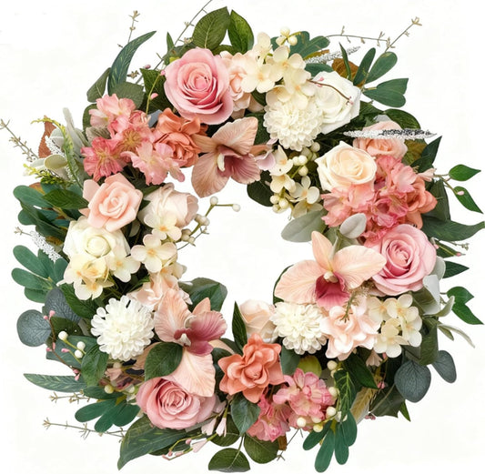 24 Inch Spring Everyday Pink Flower Wreath for Front Door, Soft Touch Pink Roses Peony Orchid Wreath for V1258-DP02-C-2649