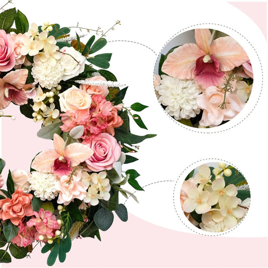 24 Inch Spring Everyday Pink Flower Wreath for Front Door, Soft Touch Pink Roses Peony Orchid Wreath for V1258-DP02-C-2649