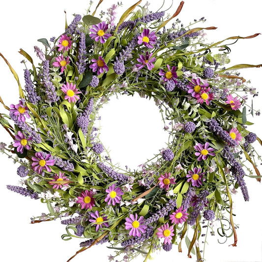 24 Inch Spring and Everyday Greenery Wild Flower Wreath for Front Door, Mixed Green Leaves and Flower Wreath V1258-DP02-C-2650