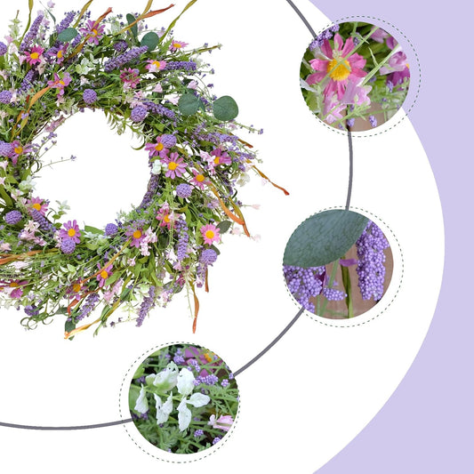 24 Inch Spring and Everyday Greenery Wild Flower Wreath for Front Door, Mixed Green Leaves and Flower Wreath V1258-DP02-C-2650