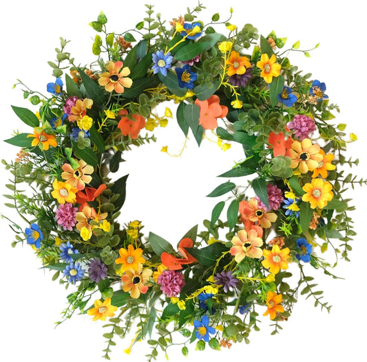 20 Inch Spring Summer Colorful Floral Wreath for Front Door, All Seasons Wildflower Wreath with Olive & V1258-DP02-C-2651