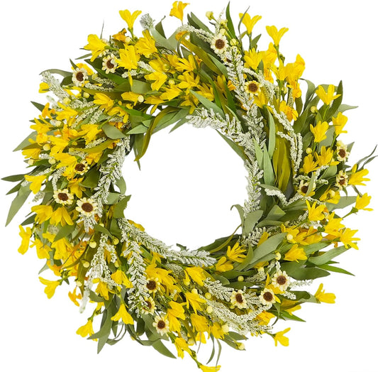 24 Inch Spring Yellow Forsythia Flower Wreath for Front Door, All Season Door Decor Wreath with Yellow V1258-DP02-C-2654
