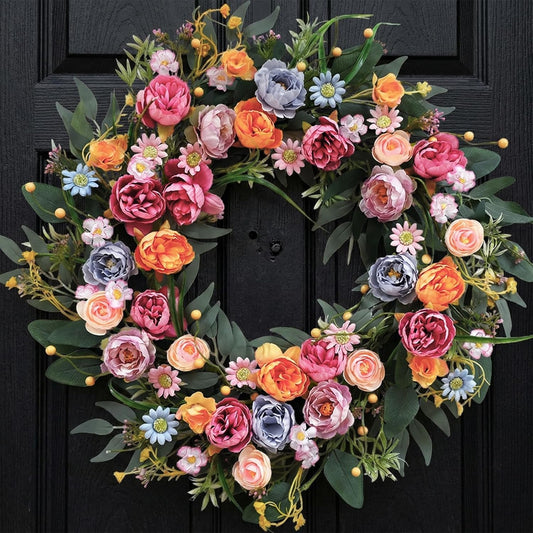 24 Inch Spring Summer Penoy Wreath for Front Door, Colorful Wildflowers Floral Eucalyptus Wreath for Indoor V1258-DP02-C-2659