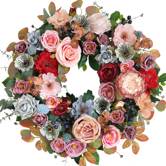 22 Inches Spring Summer Everyday Flower Wreath for Front Door, Artificial Roses Peony Wild Flowers Wreath for V1258-DP02-C-2669