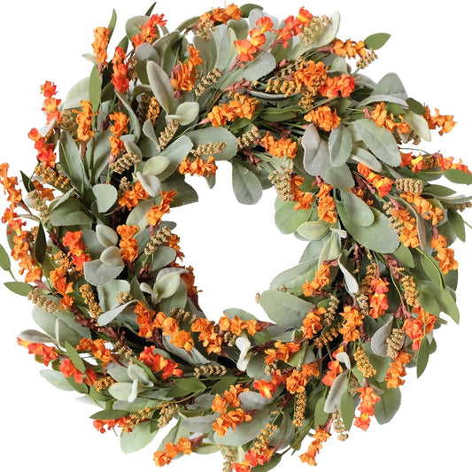 20 Inch Fall Wreath Harvest Orange Flowers Grain Wreath for Front Door, Everyday Lamb Ears Leaves with Yellow V1258-DP02-C-2680