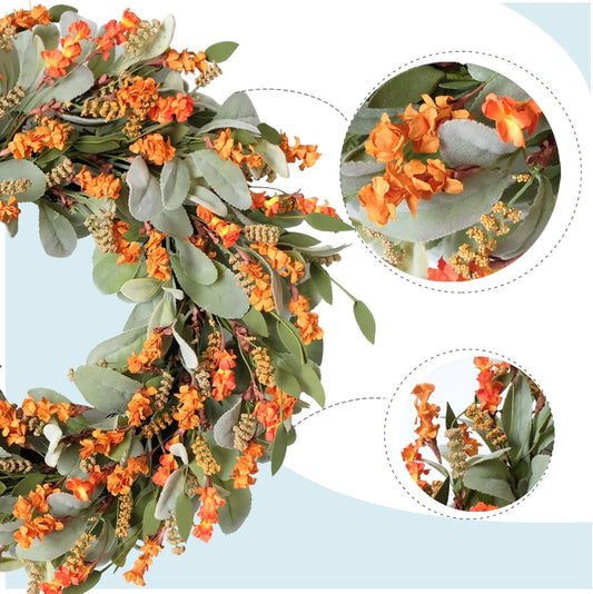 20 Inch Fall Wreath Harvest Orange Flowers Grain Wreath for Front Door, Everyday Lamb Ears Leaves with Yellow V1258-DP02-C-2680