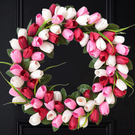 24 Inch Spring Valentine Tulip Wreath for Front Door, Pink White Tulip Floral Wreaths Door Decor for Indoor V1258-DP02-C-2681