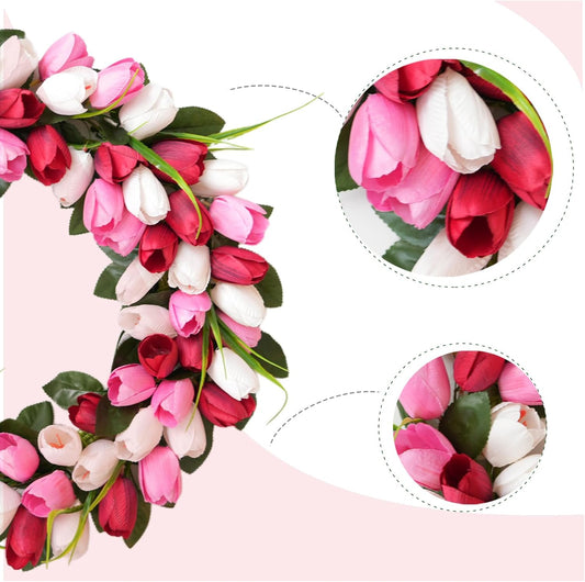 24 Inch Spring Valentine Tulip Wreath for Front Door, Pink White Tulip Floral Wreaths Door Decor for Indoor V1258-DP02-C-2681