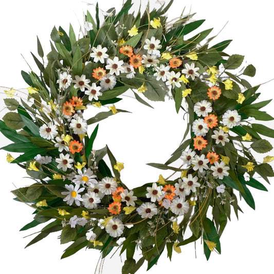 26 Inch Spring Greenery Wreath for Front Door, White Daisy & Yellow Forsythia Floral Wreath with Eucalyptus V1258-DP02-C-2682