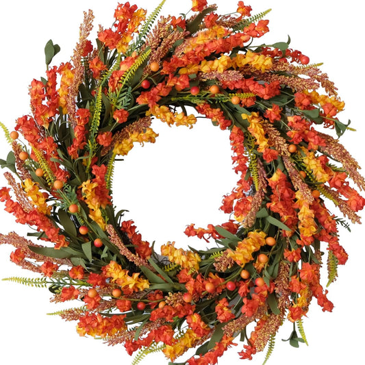 22 Inch Fall Flower Wreath for Front Door, Autumn Yellow Orange Forsythia Flower Indoor Outdoor Wreath with V1258-DP02-C-2687