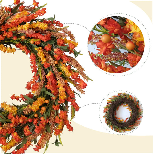 22 Inch Fall Flower Wreath for Front Door, Autumn Yellow Orange Forsythia Flower Indoor Outdoor Wreath with V1258-DP02-C-2687