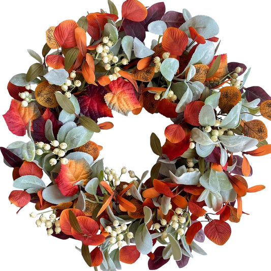 22 Inch Fall Front Door Wreath with Eucalyptus Lamb Ears Leaves and Berries, Autumn Fall Leaves Wreath with V1258-DP02-C-2688