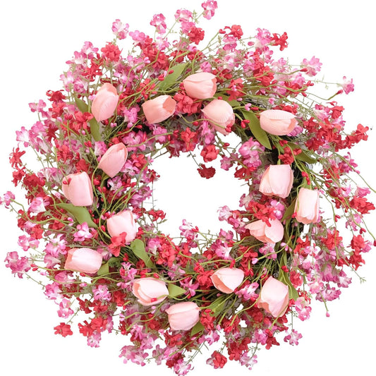 Valentine Day Pink Tulip Wreath, Pink Red Forsythia Berries, Artificial Flower Wreath for Front Door, Indoor V1258-DP02-C-2689