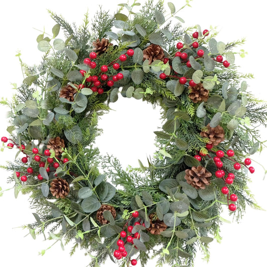 24 Inch Christmas Eucalyptus Red Berries Wreath for Front Door, Winter Green Eucalyptus Leaves Wreath with V1258-DP02-C-2698