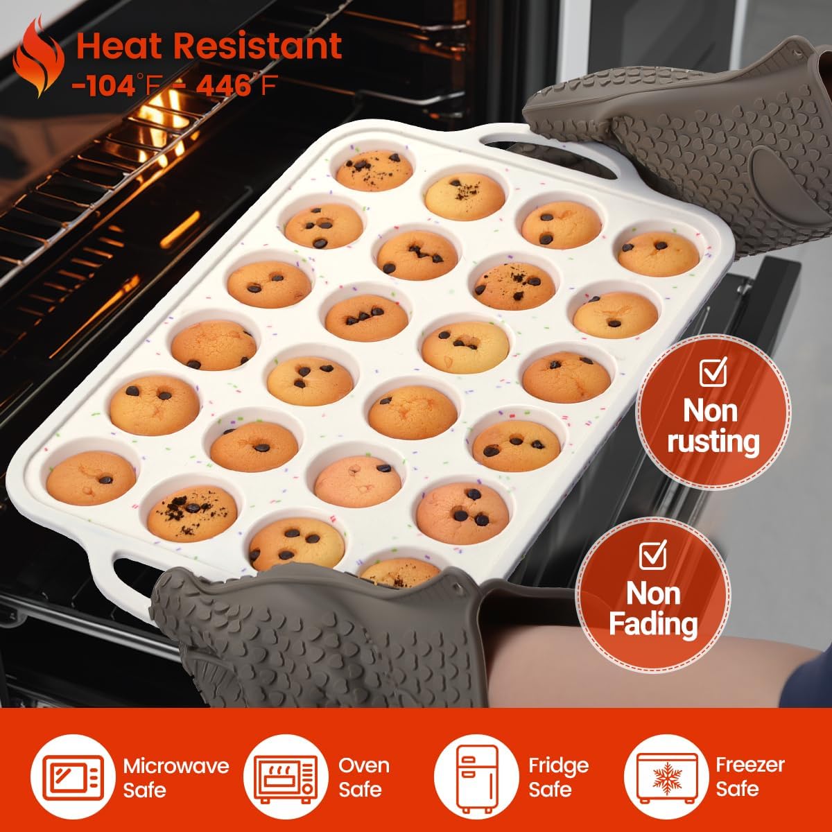 Mini Muffin Pan with Metal Reinforced Frame 24 Cups & Silicone Mini Loaf Pan 12 Cavities V1258-DP02-C-27
