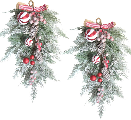 2 PCS 20" Christmas Candy Cane Frosted Pine Needle Teardrop Swag Wreath for Front Door, Xmas Swag with Red V1258-DP02-C-2708