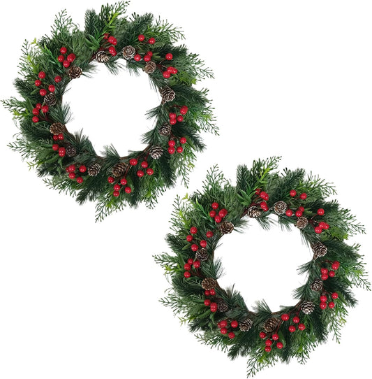 2 PCS 13 Inch Christmas Wreaths Sets for Doors Cabinets, Christmas Green Pine Wreath with Red Berries Mini V1258-DP02-C-2709