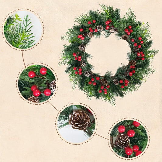 2 PCS 13 Inch Christmas Wreaths Sets for Doors Cabinets, Christmas Green Pine Wreath with Red Berries Mini V1258-DP02-C-2709