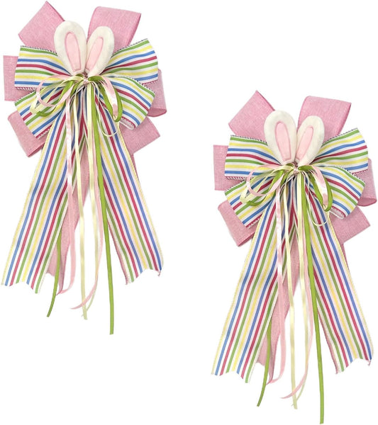 18 Inch Large Easter Bunny Ears Bow for Wreath, Colorful Stripe Big Easter Bow for Tree Topper, Basket, V1258-DP02-C-2714