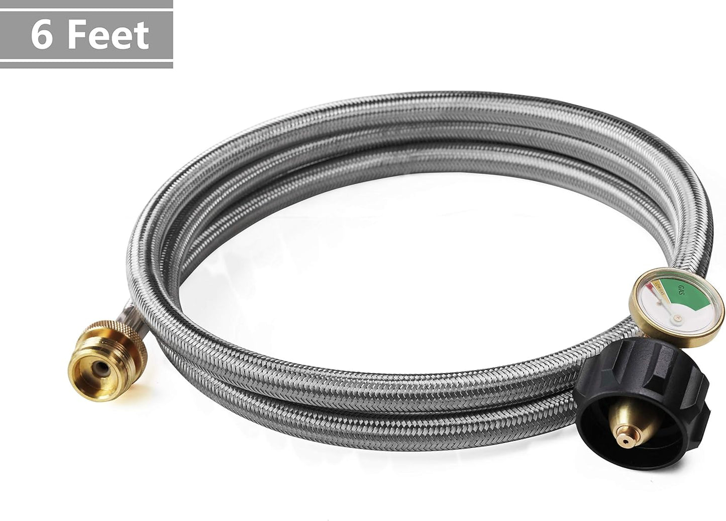 6 Feet Stainless Braided Hose Adapter With Tank Gauge, 1 lb to 20 lb Propane Converter for Stove, Tabletop V1258-DP02-C-272