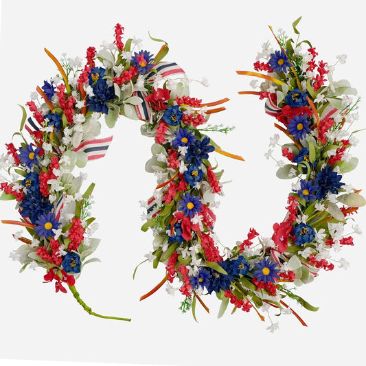 4th of July Red White Blue Flowers Lamb Ear Leaves Garland for Doors, 5.9ft Patriotic Artificial Flower Home V1258-DP02-C-2721