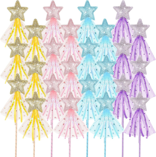 24 Pcs Glitter Star Magic Wand Princess Wand Fairy Angel Star Stick with Ribbon for Girl Kid Birthday Wedding V1258-DP02-C-2738