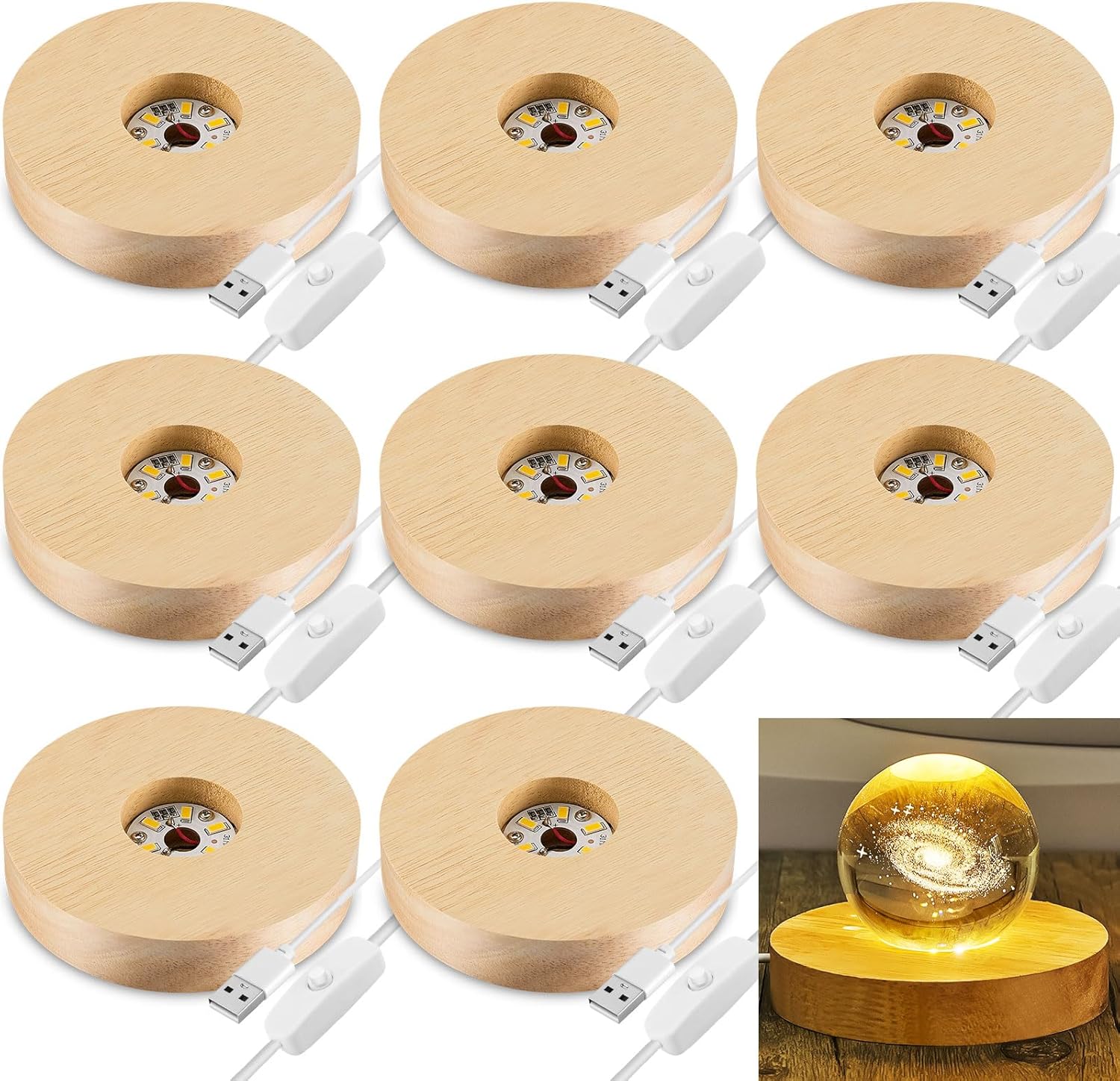 8 Pcs Wooden LED Display Base Lighted Base for Crystal Art Wood Display for Glass Art 3D Crystal Warm V1258-DP02-C-2747