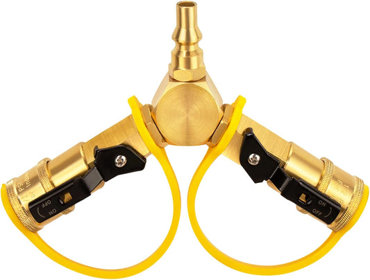 1/4" RV Propane Quick Connect Y Splitter Adapter with Shutoff Valve for RV Trailer and Quick Connect Propane V1258-DP02-C-276