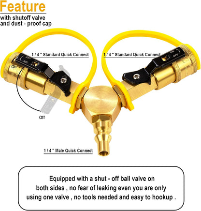 1/4" RV Propane Quick Connect Y Splitter Adapter with Shutoff Valve for RV Trailer and Quick Connect Propane V1258-DP02-C-276
