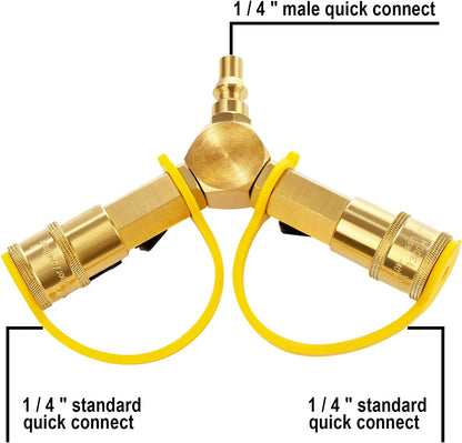 1/4" RV Propane Quick Connect Y Splitter Adapter with Shutoff Valve for RV Trailer and Quick Connect Propane V1258-DP02-C-276