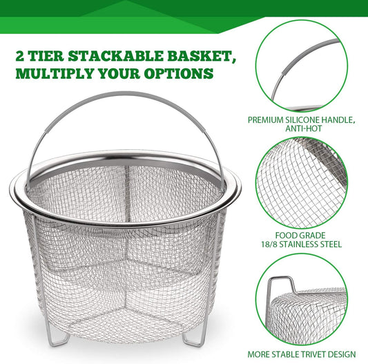 Steamer Basket for Instant Pot Accessories 6 qt or 8 quart - 2 Tier Stackable 18/8 Stainless Steel Mesh - V1258-DP02-C-2778