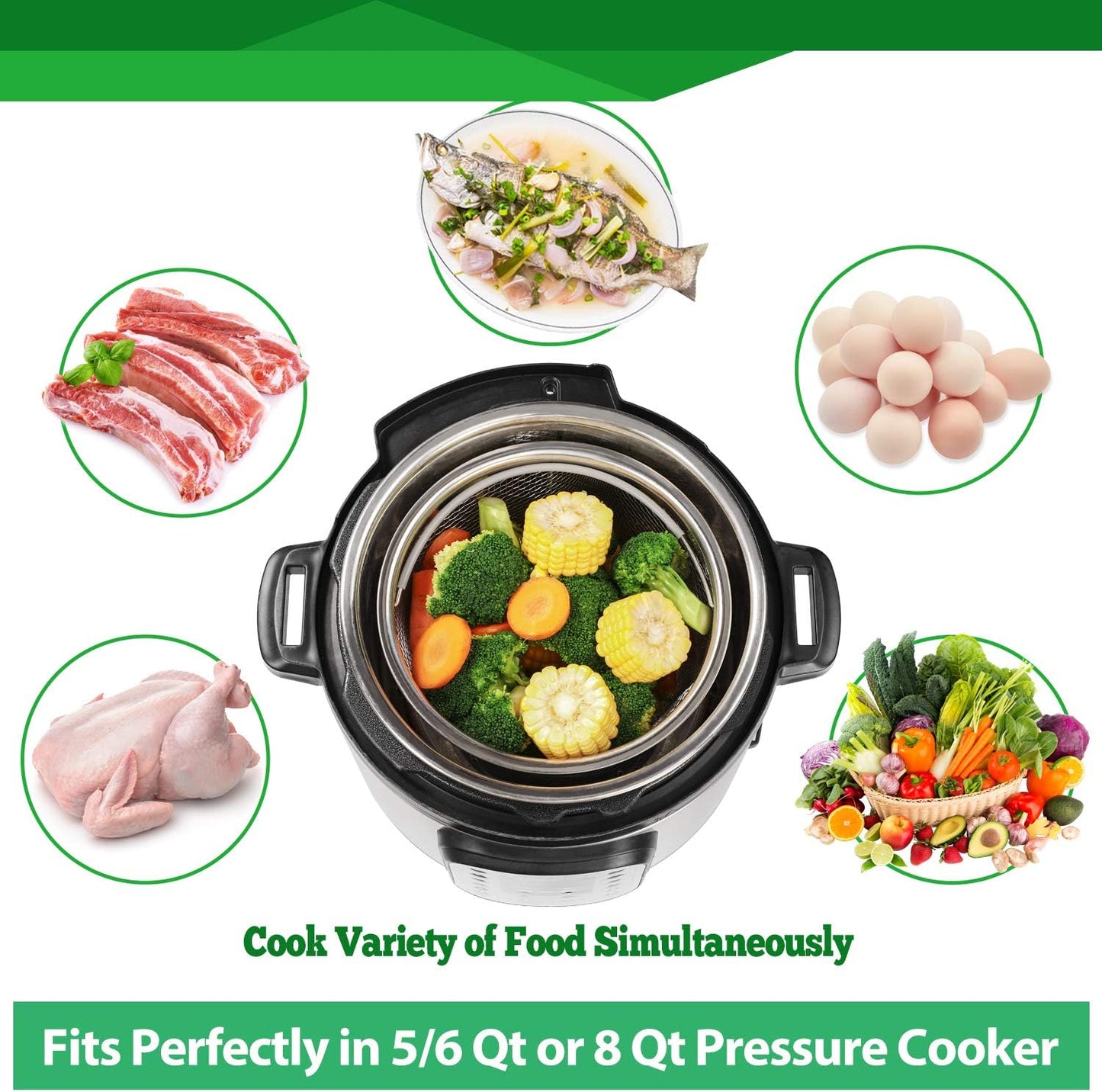 Steamer Basket for Instant Pot Accessories 6 qt or 8 quart - 2 Tier Stackable 18/8 Stainless Steel Mesh - V1258-DP02-C-2778