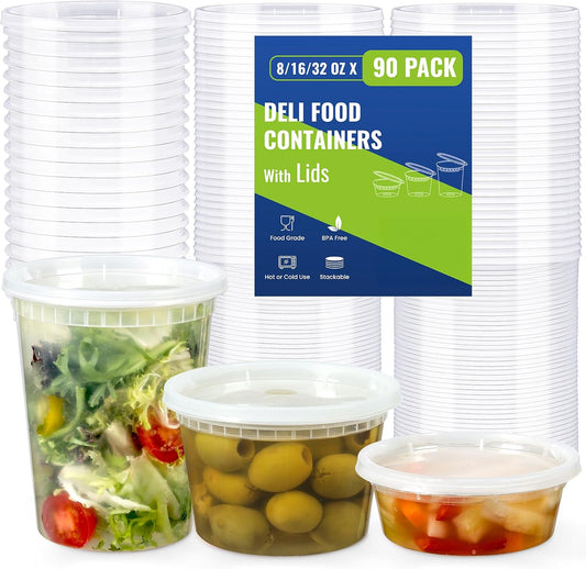 90 Sets Plastic Deli Containers With Lids, Assorted Sizes (8 oz 16oz 32oz) Variety pack, Airtight Food V1258-DP02-C-2782