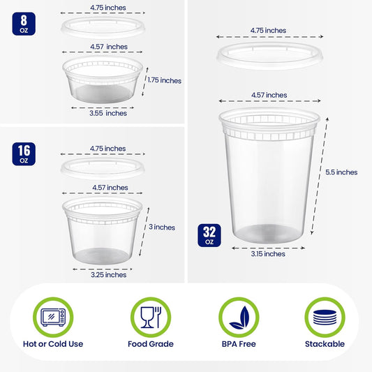 90 Sets Plastic Deli Containers With Lids, Assorted Sizes (8 oz 16oz 32oz) Variety pack, Airtight Food V1258-DP02-C-2782