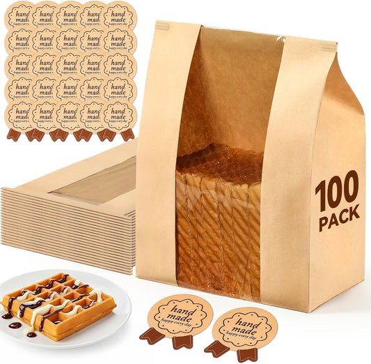 100 Pack Paper Bread Bags with Tin Tie Lock & Clear Window - Large Bakery Bags for Homemade Sourdough Bread, V1258-DP02-C-2787