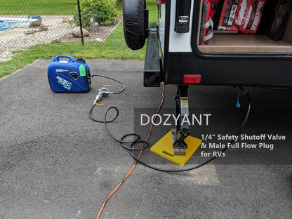 12 feet Low Pressure Propane RV Quick Connect Extension Hose, 1/4" Safety Shutoff Valve & Male Full Flow Plug V1258-DP02-C-279