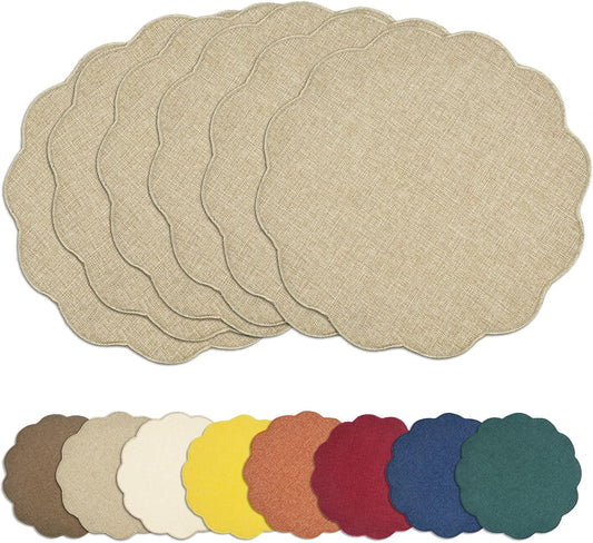 Round Faux Linen Placemats Set of 6 Heat Resistant Non-Slip Stain Proof Table Mats for Kitchen Dining Elegant V1258-DP02-C-2792