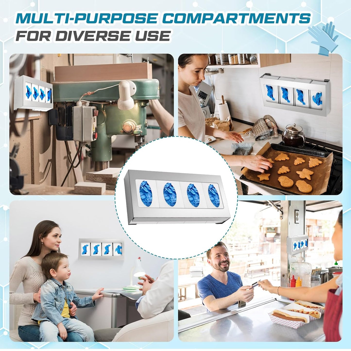 2 Pack Glove Box Holder/Dispenser Stainless Steel Quad Wall Mounted Glove Box Organizer,10"H x 21"W x 3 3/4"D V1258-DP02-C-2817