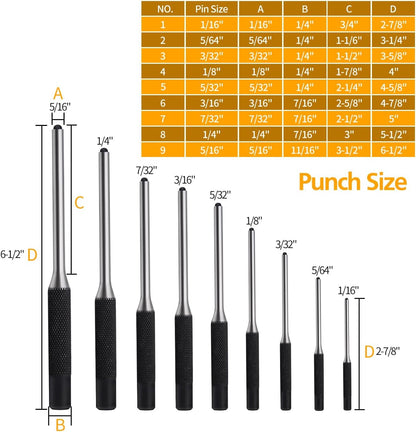 Pin Punch Set, 14pcs Removing Repair Tools, including Universal Block, Pin Punches and Hammer V1258-DP02-C-284