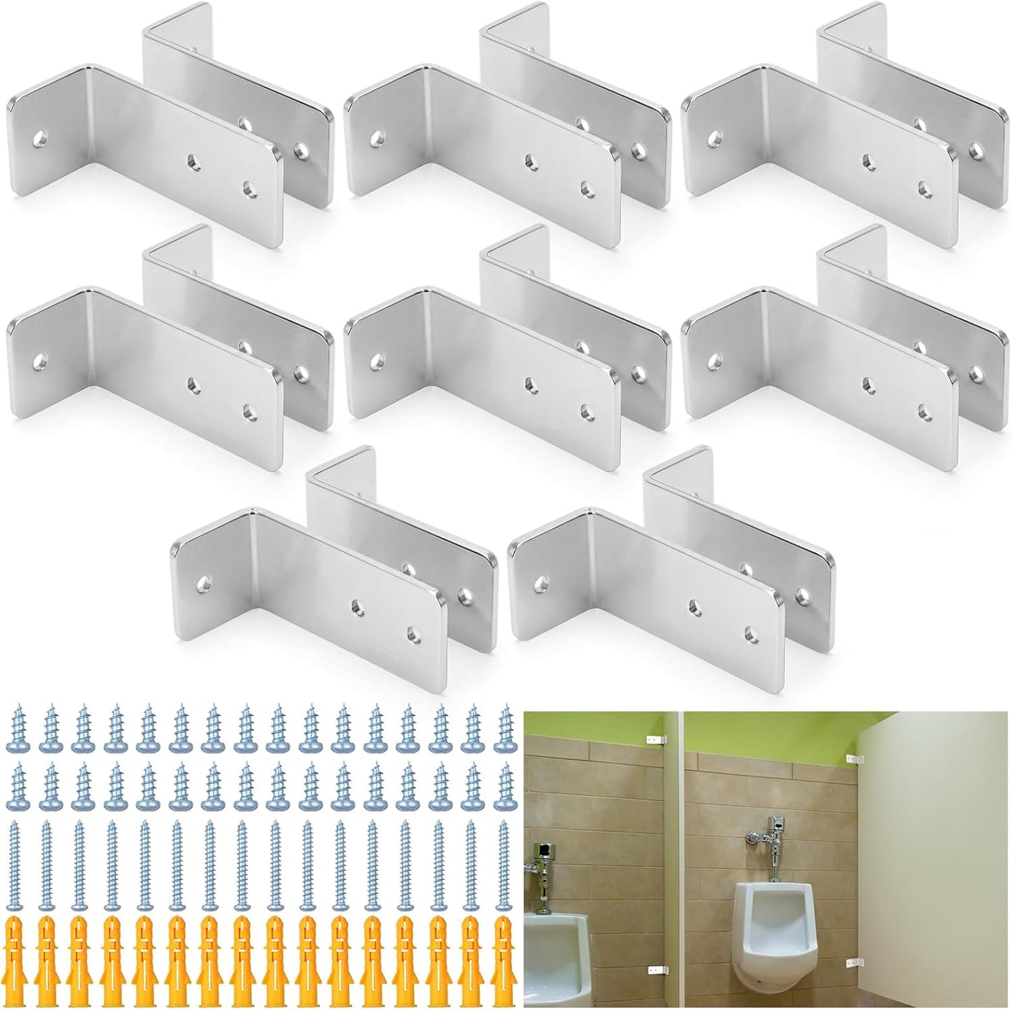 8 Set L-shaped Urinal Screen Brackets Polished Chrome 2-ear 3.5'' Long for All Panel Thicknesses with V1258-DP02-C-2855