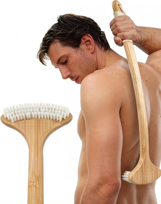 Bamboo Back Scratcher, 22'' Extra Long Curved Handle Reach Back Easily, Wide Brush Head Soft Bristles for V1258-DP02-C-287