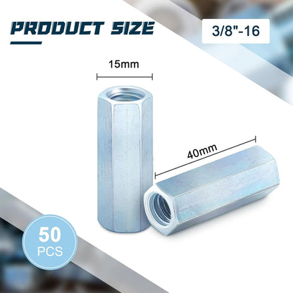 50 Pcs Coarse Coupling Nuts 3/8''-16, Zinc Plated Carbon Steel V1258-DP02-C-2872