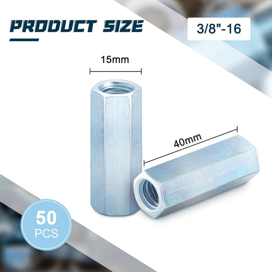 50 Pcs Coarse Coupling Nuts 3/8''-16, Zinc Plated Carbon Steel V1258-DP02-C-2872